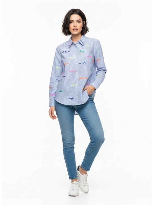 Camisa VILAGALLO de mujer de color crudo y rayas azules 33214.