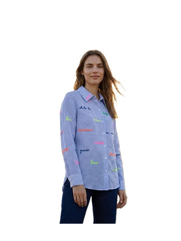 Camisa VILAGALLO de mujer de color crudo y rayas azules 33214.