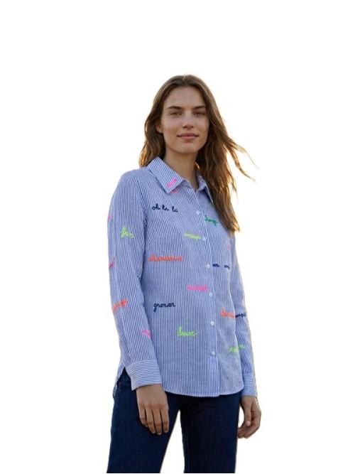 Camisa VILAGALLO de mujer de color crudo y rayas azules 33214.
