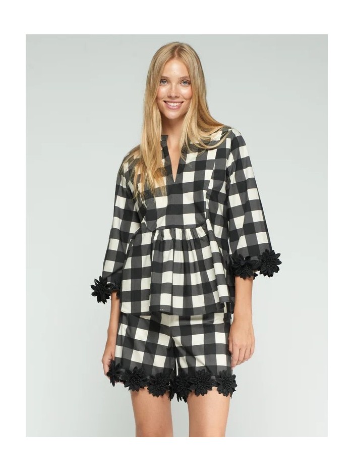 Camisa VILAGALLO de mujer de cuadros vichy en blanco y negro 33340