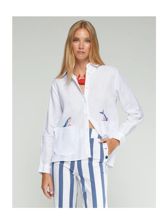 Camisa VILAGALLO de mujer de lino con peces en los bolsillos 33617