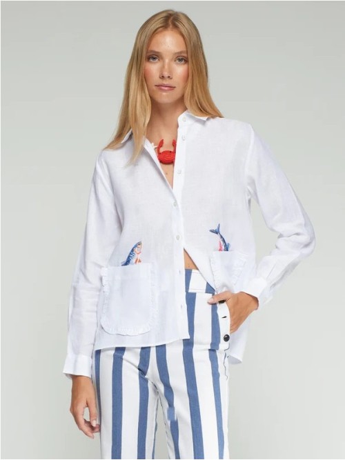 Camisa VILAGALLO de mujer de lino con peces en los bolsillos 33617