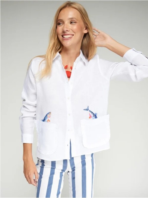 Camisa VILAGALLO de mujer de lino con peces en los bolsillos 33617 2