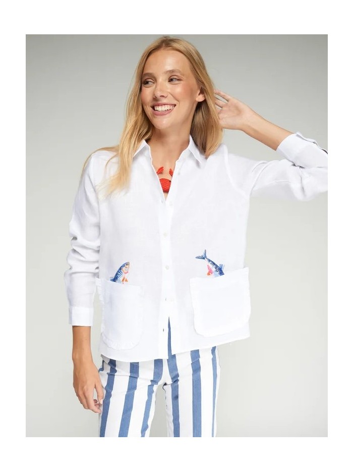 Camisa VILAGALLO de mujer de lino con peces en los bolsillos 33617