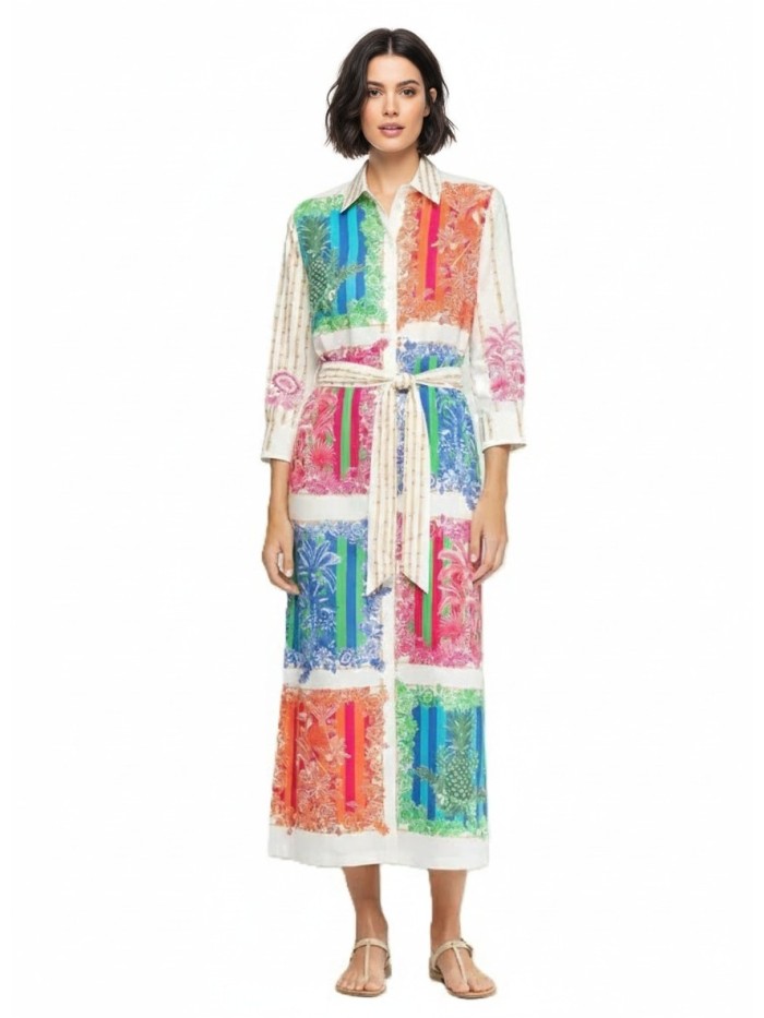 Vestido VILAGALLO de mujer color crudo con estampado de bambú  33656