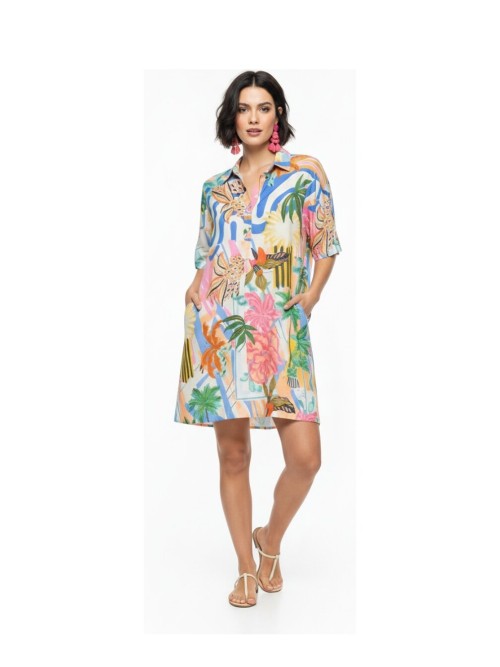 Vestido VILAGALLO de mujer crudo con estampado multicolor 33302.