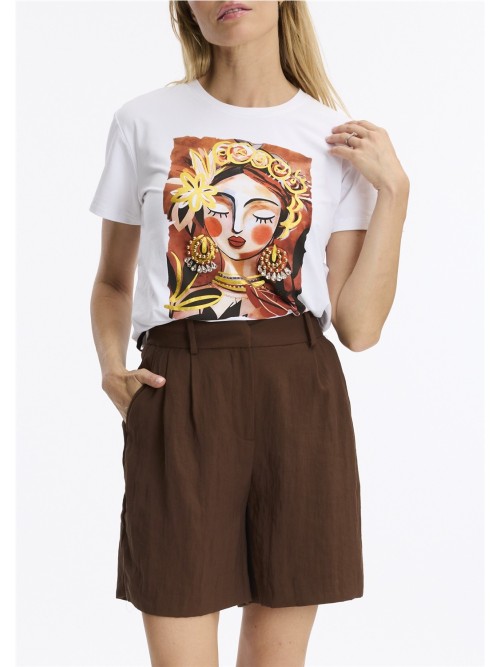 Camiseta LEO Y UGO de mujer, color blanco con rostro de mejicanaTEK390