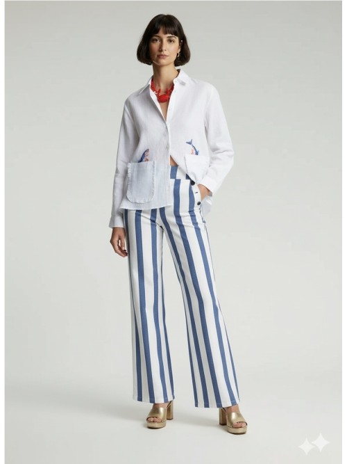 Camisa VILAGALLO de mujer de lino con peces en los bolsillos 33617